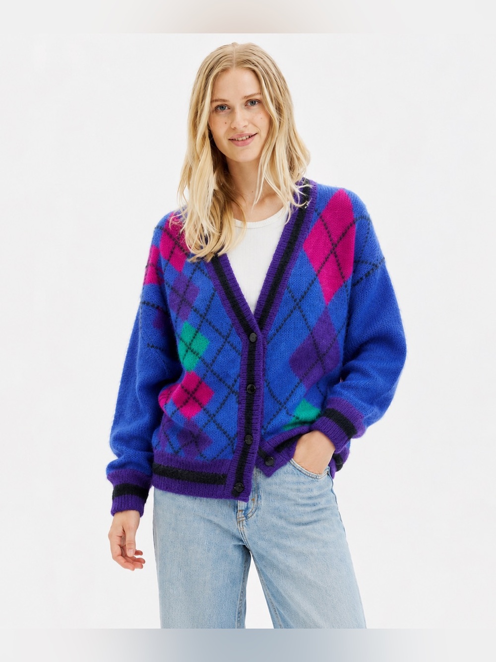 Vintage Mohair Cardigan Sweater Oversized Colorful Button Up 1990s Large